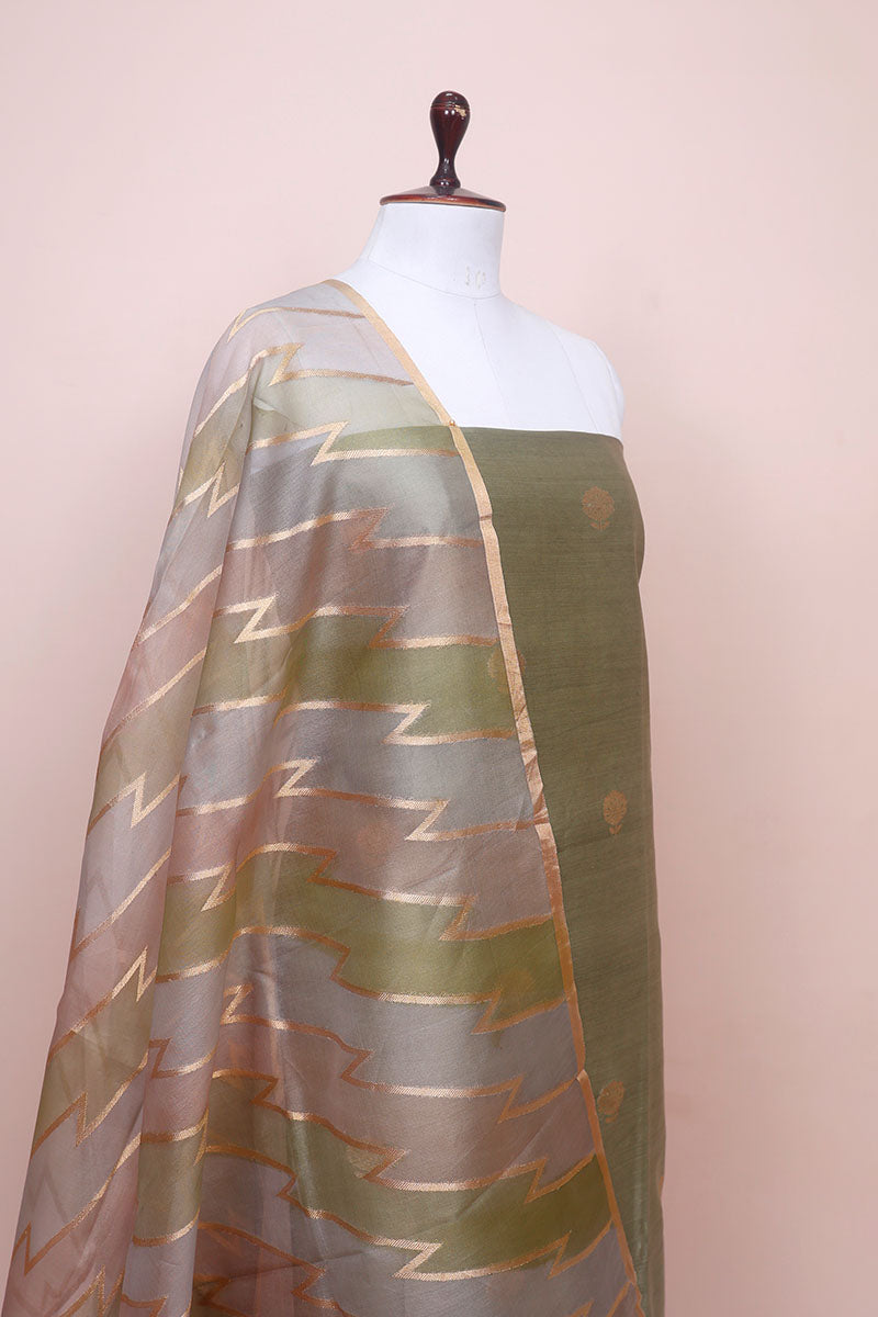 Olive Green Handwoven Chiniya Silk Co-ord Dress Material at Chinaya