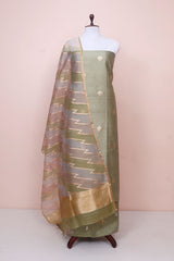 Olive Green Handwoven Chiniya Silk Co-ord Dress Material at Chinaya