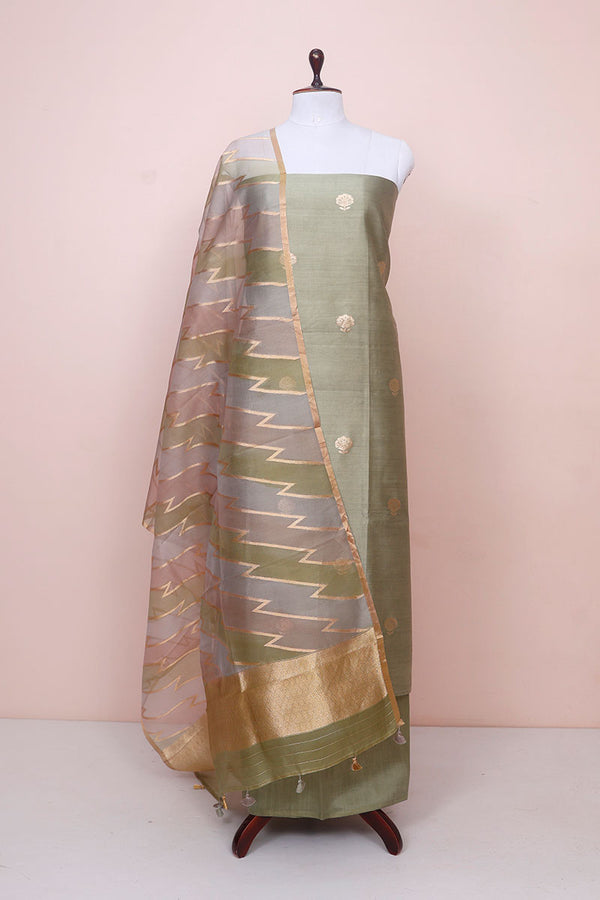 Olive Green Handwoven Chiniya Silk Co-ord Dress Material at Chinaya