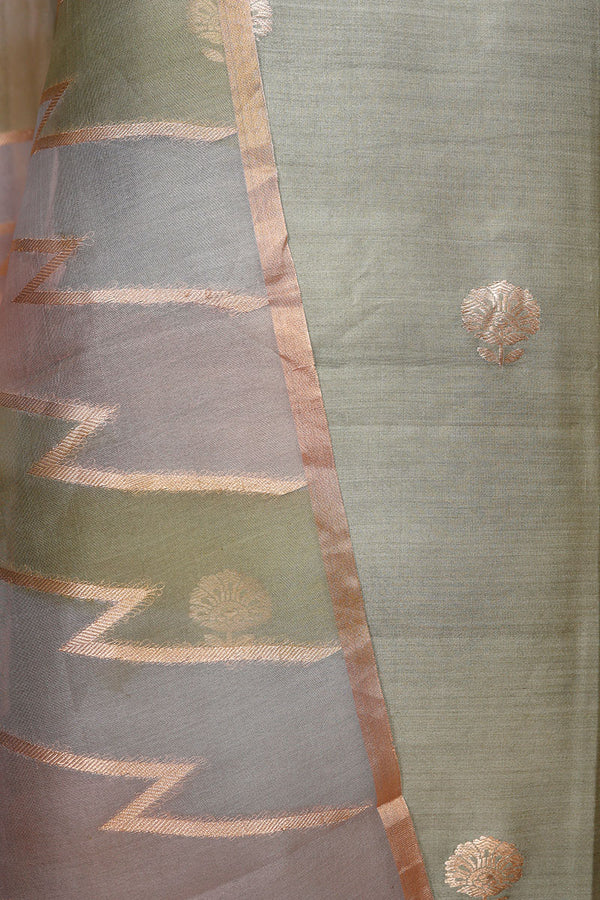 Olive Green Handwoven Chiniya Silk Co-ord Dress Material at Chinaya