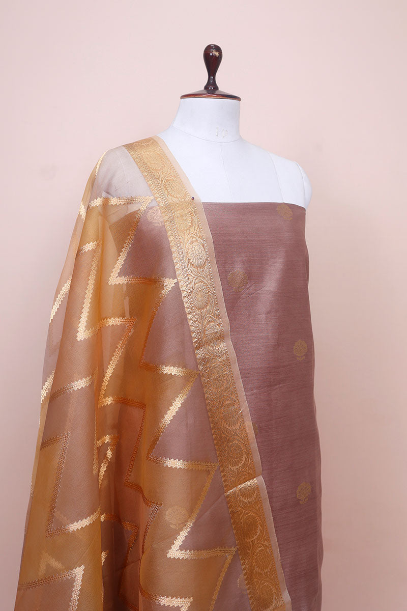 Raw Umber Brown Handwoven Chiniya Silk Co-ord  Dress Material at Chinaya