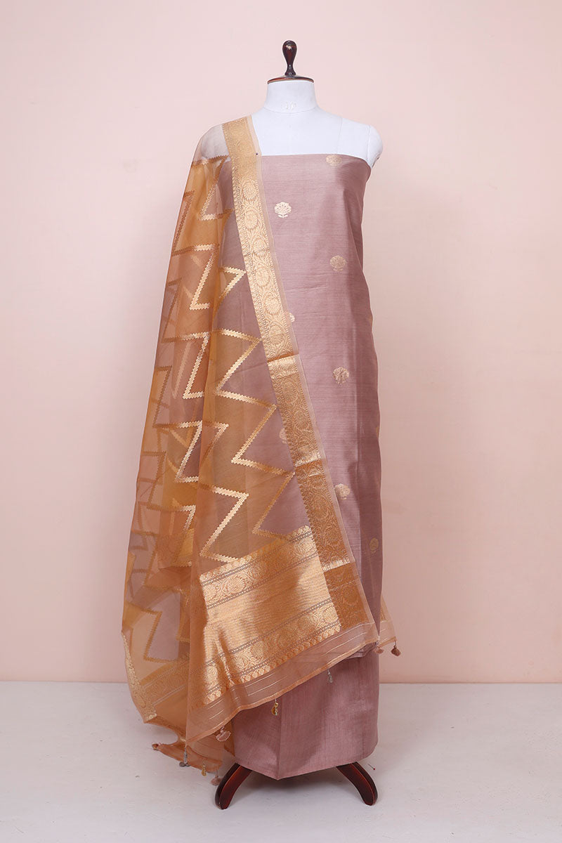 Raw Umber Brown Handwoven Chiniya Silk Co-ord  Dress Material at Chinaya