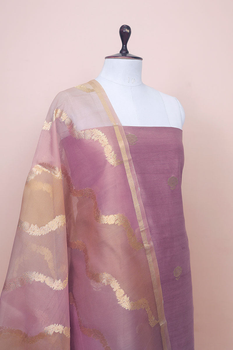 Rust Mauve Handwoven Chiniya Silk Co-ord Dress Material at Chinaya