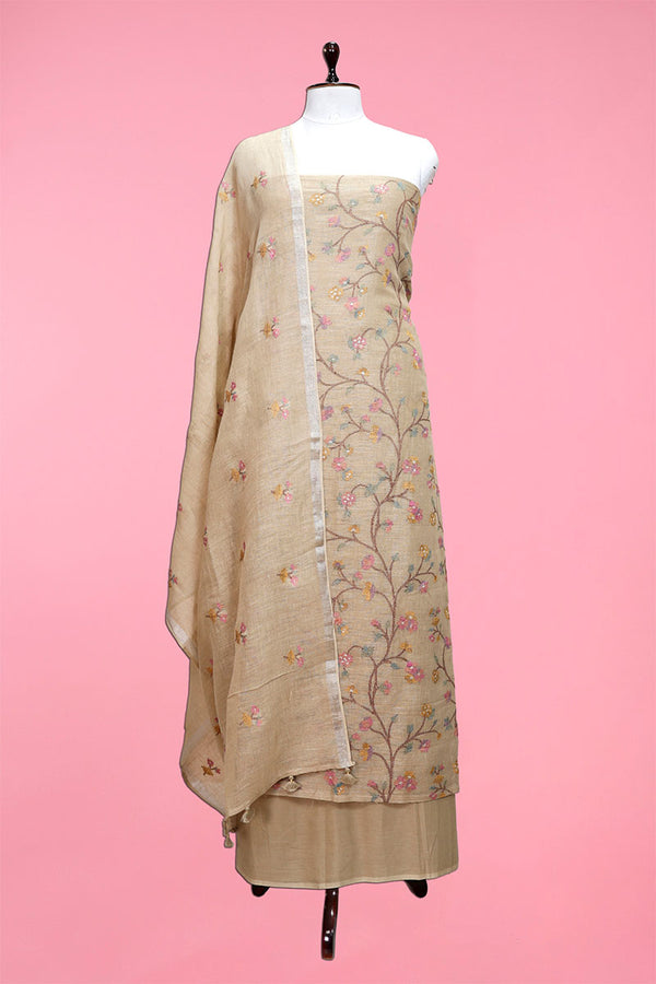 Brown Embroidered Linen Dress Material At Chinaya Banaras 