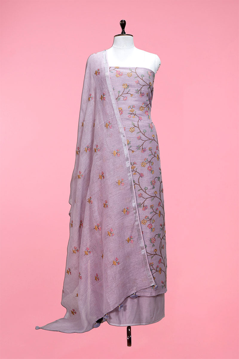 Purple Embroidered Linen Suit Set At Chinaya Banaras