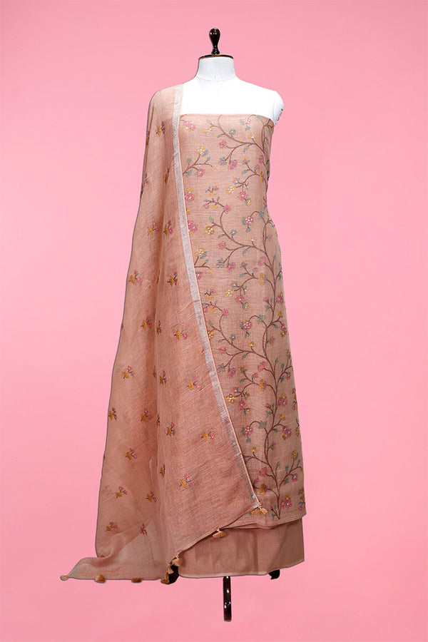Peach Embroidered Linen Suit Set At Chinaya Banaras
