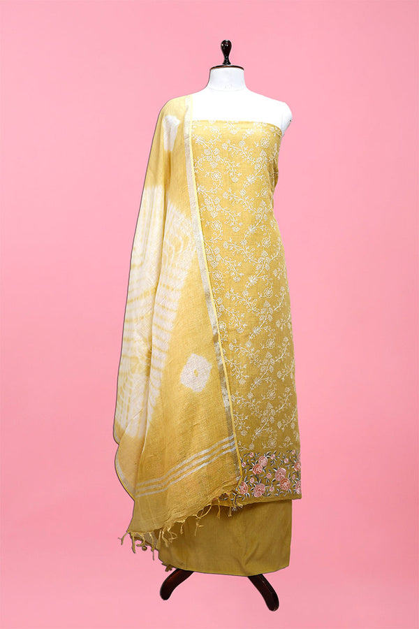 Yellow Embroidered Linen Suit Set At Chinaya Banaras
