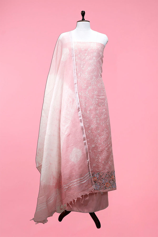 Pink Embroidered Linen Suit Set At Chinaya Banaras