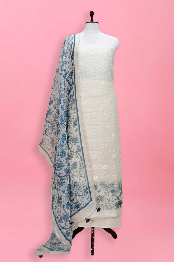 Blue & White Embroidered Organza Silk Suit Set At Chinaya Banaras