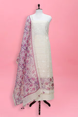 Warm Purple & White Embroidered Organza Silk Dress Material