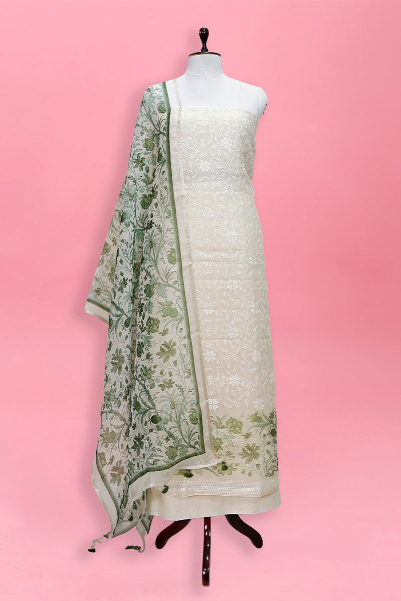 Green & White Embroidered Organza Silk Suit Set At Chinaya Banaras