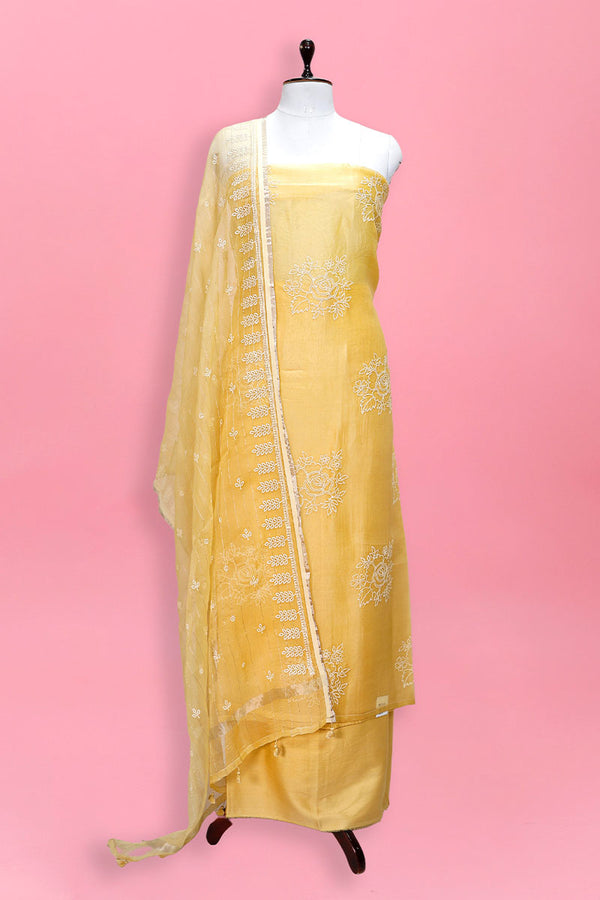 Yellow Embroidered Organza Silk Suit Set At Chinaya Banaras