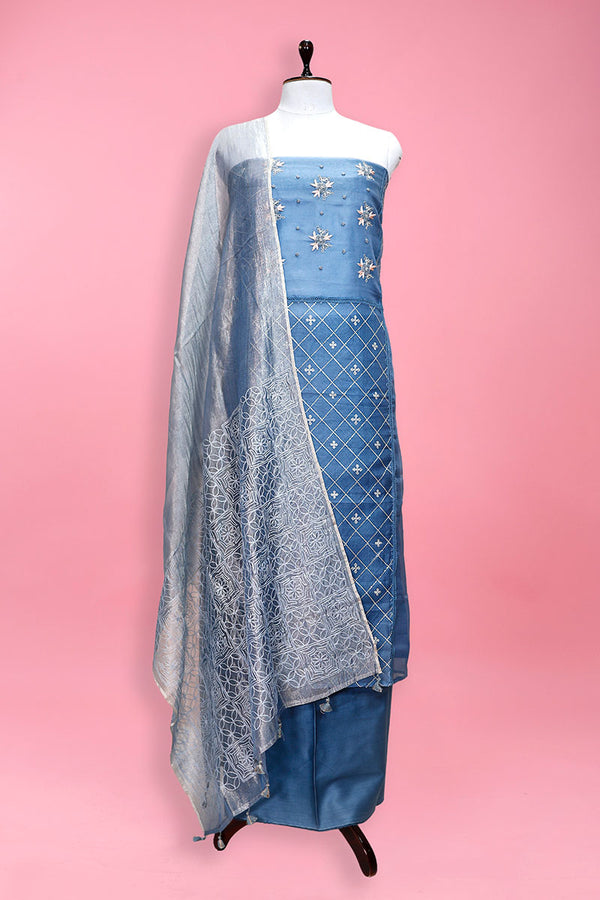 Blue Embellished Organza Silk Suit Set At Chinaya Banaras
