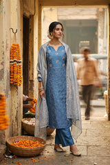 Azure Blue Embellished Organza Silk Dress Material