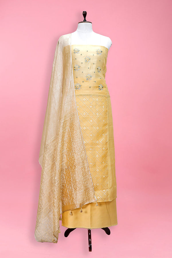 Yellow Embellished Organza Silk Suit Set At Chinaya Banaras