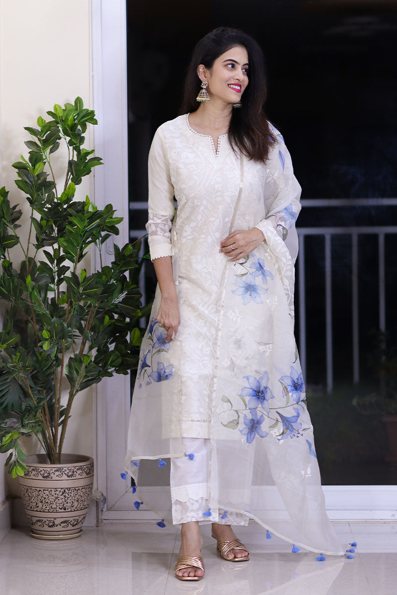 organza dress material Alkananda Bodapaty In White & Blue Floral Digital Printed Organza Silk Dress Material