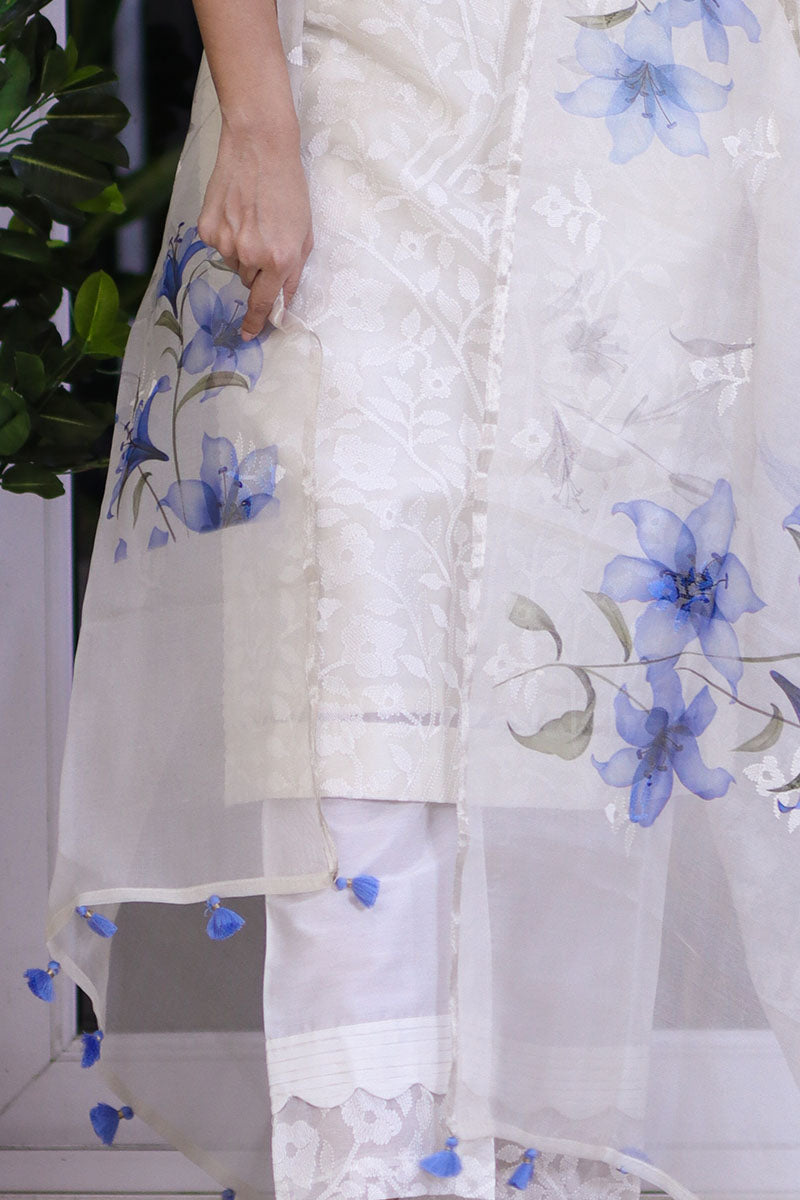 White & Blue Floral Digital Printed Organza Silk Dress Material