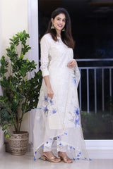 White & Blue Floral Digital Printed Organza Silk Dress Material