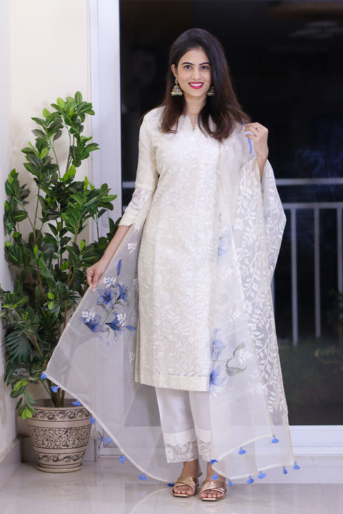 Buy White & Blue Floral Digital Printed Organza Dress Material Online