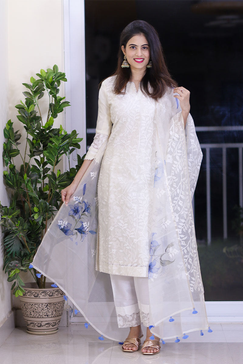 White & Blue Floral Digital Printed Organza Silk Suit Set At Chinaya Banaras