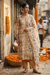 Sandalwood Geometrical Printed Organza Silk Dress Material