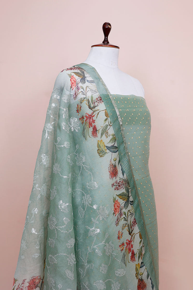Sage Green Woven Organza Silk Dress Material