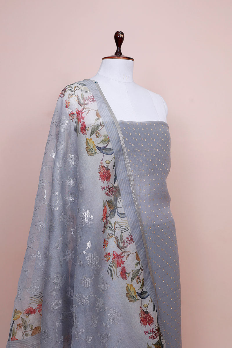 Ash Grey Woven Organza Silk Dress Material - Chinaya Banaras