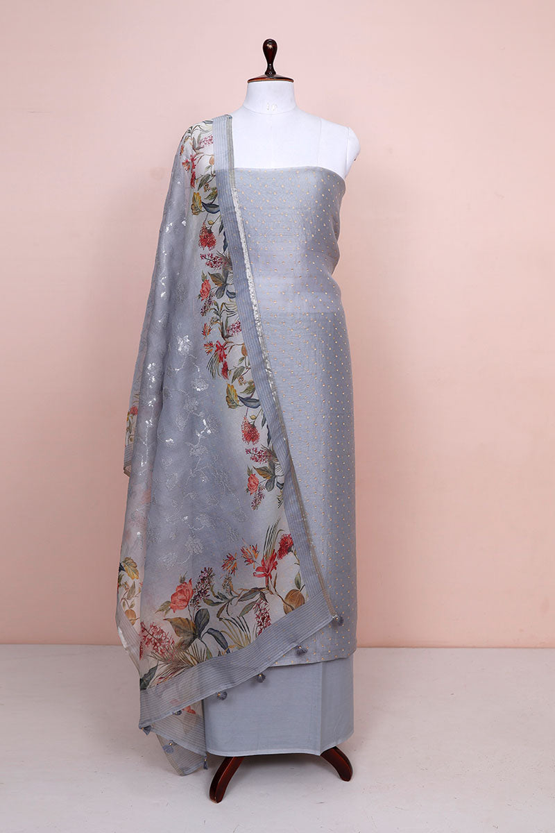 Ash Grey Woven Organza Silk Dress Material By Chinaya Banaras