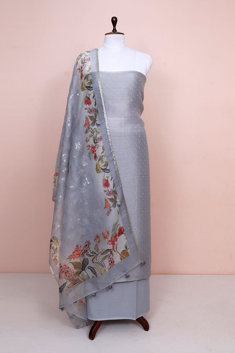 Grey Colour Pastel Color Dress Material Ash Grey Organza Silk Salwar Suit Set Grey Colour Pastel Color Dress Material Ash Grey Organza Silk Salwar Suit Set