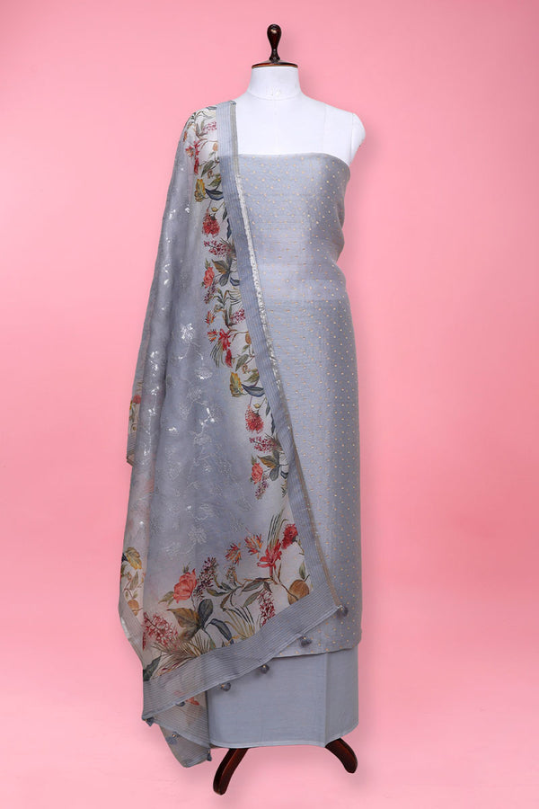 Grey Woven Organza Silk Suit Set At Chinaya Banaras