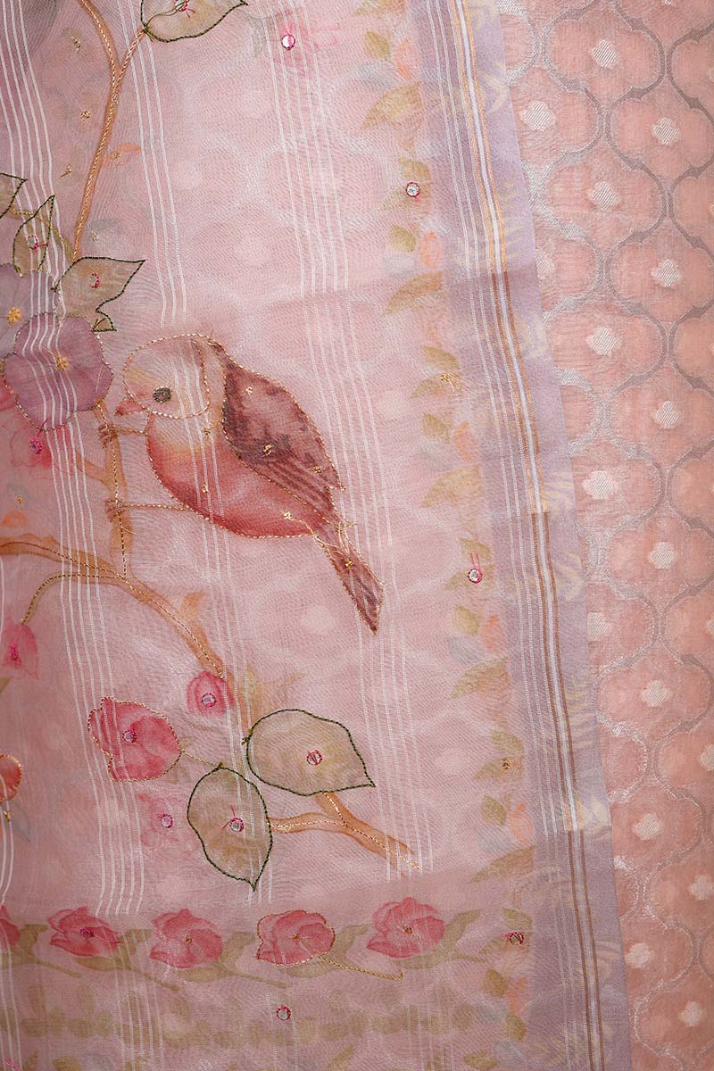 Rose Pink Embellished Tissue Silk Dress Material - Chinaya Banaras