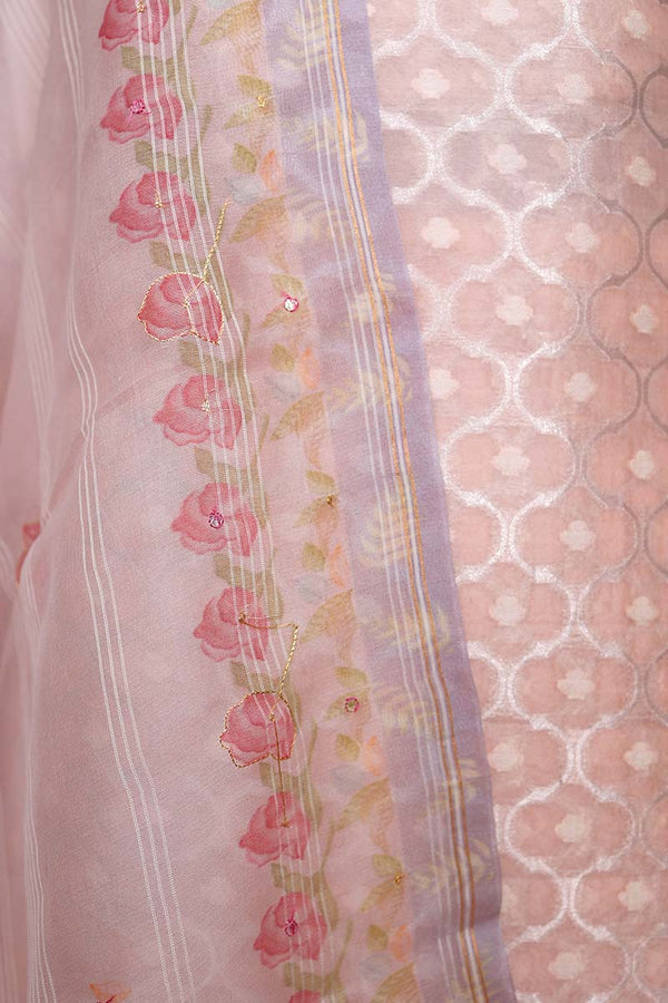 Rose Pink Embellished Tissue Silk Dress Material - Chinaya Banaras