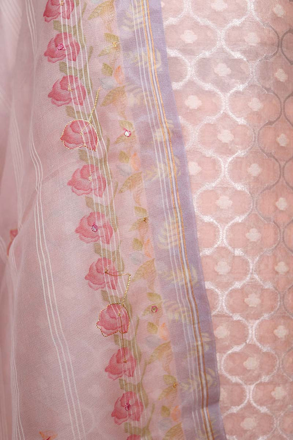 Rose Pink Embellished Tissue Silk Dress Material