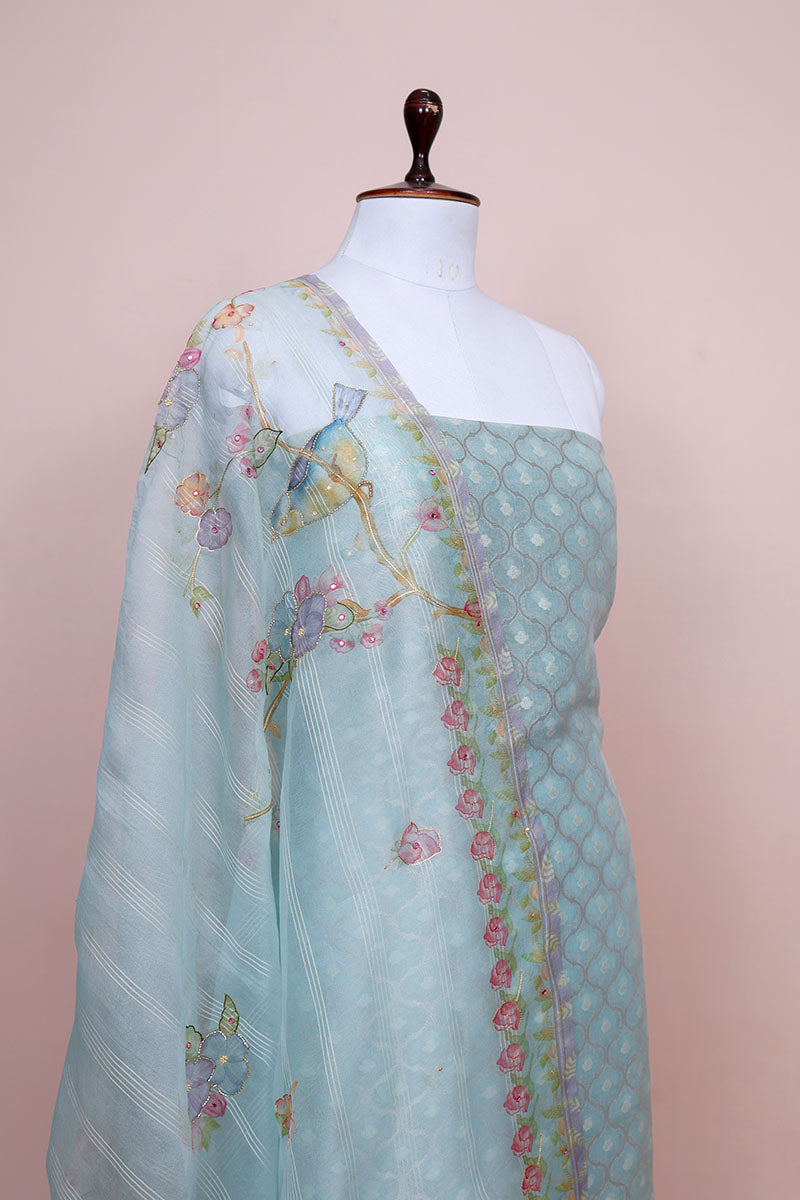 Aqua Blue Embellished Tissue Silk Dress Material - Chinaya Banaras