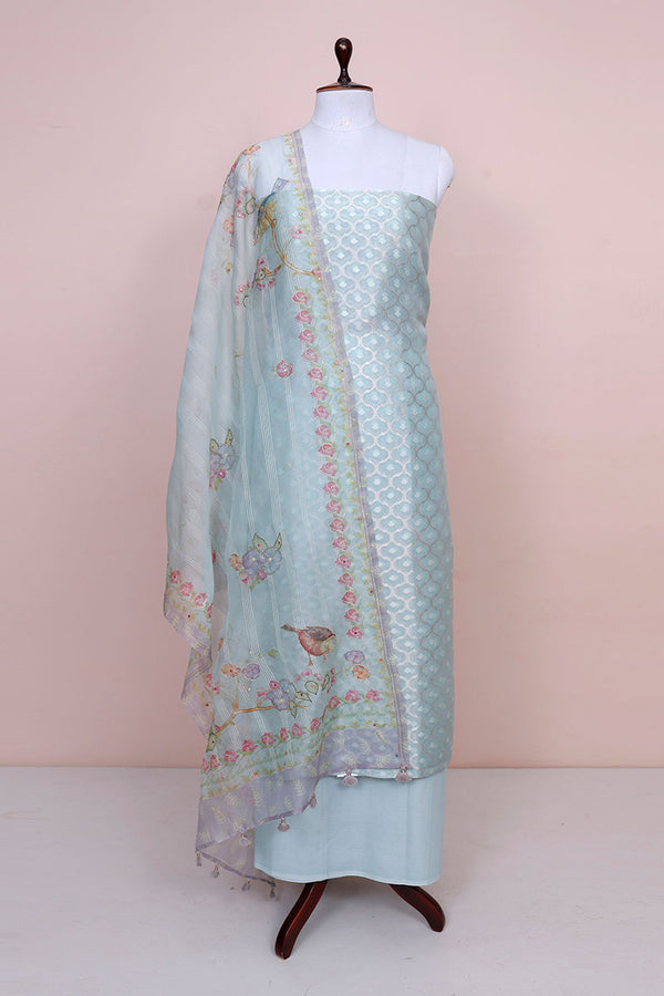 Aqua Blue Embellished Tissue Silk Dress Material By Chinaya Banaras