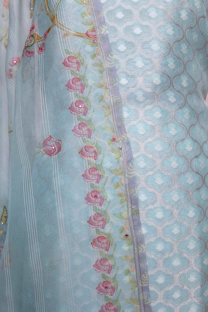 Aqua Blue Embellished Tissue Silk Dress Material