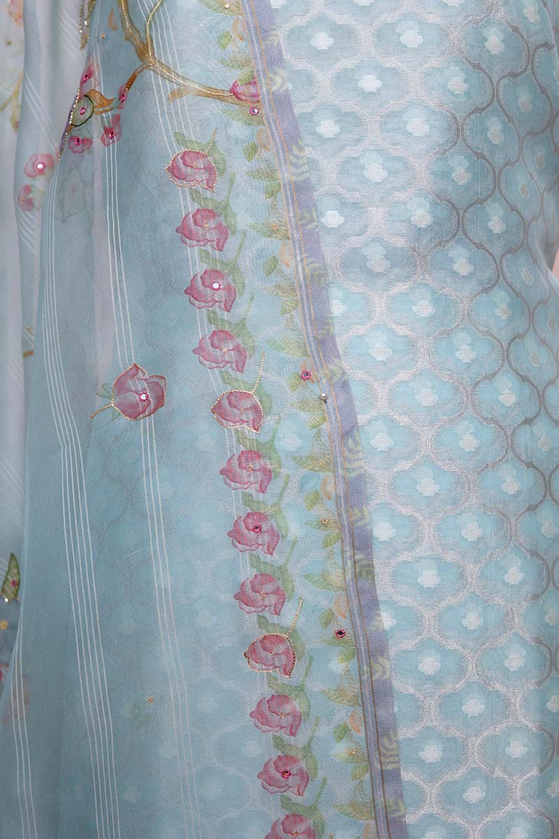 Aqua Blue Embellished Tissue Silk Dress Material Aqua Blue Embellished Tissue Silk Dress Material