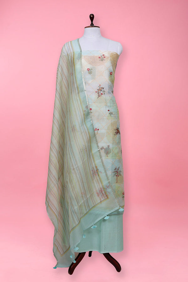 Blue Floral Embroidered Organza Silk Suit Set At Chinaya Banaras