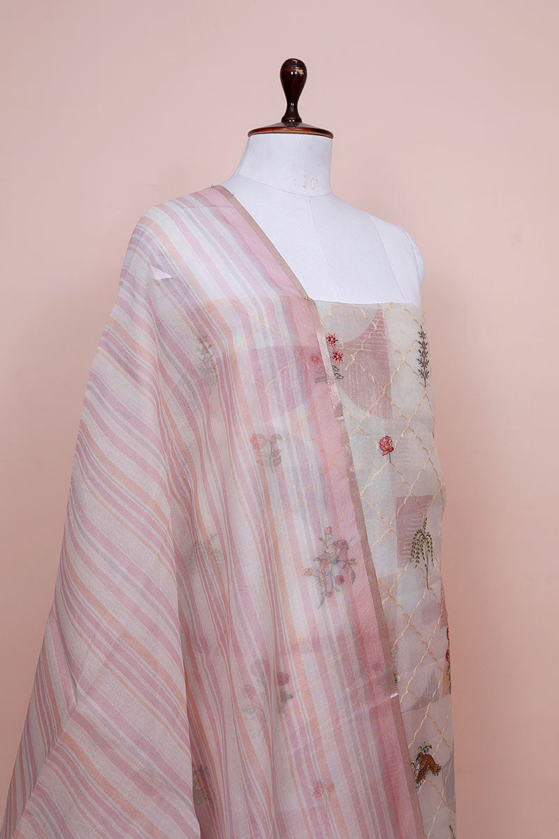 Pastel Pink Floral Embroidered Organza Silk Dress Material - Chinaya Banaras
