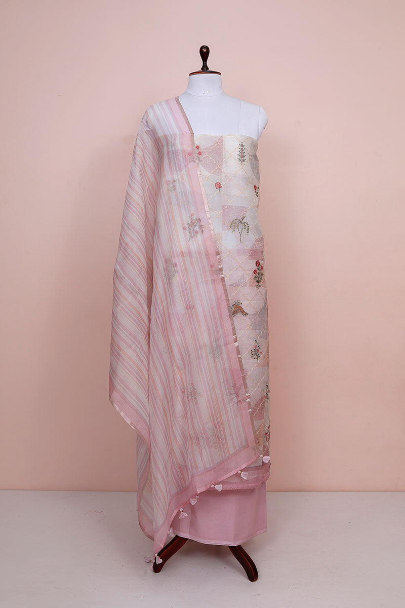 Pastel Pink Floral Embroidered Organza Silk Dress Material By Chinaya Banaras