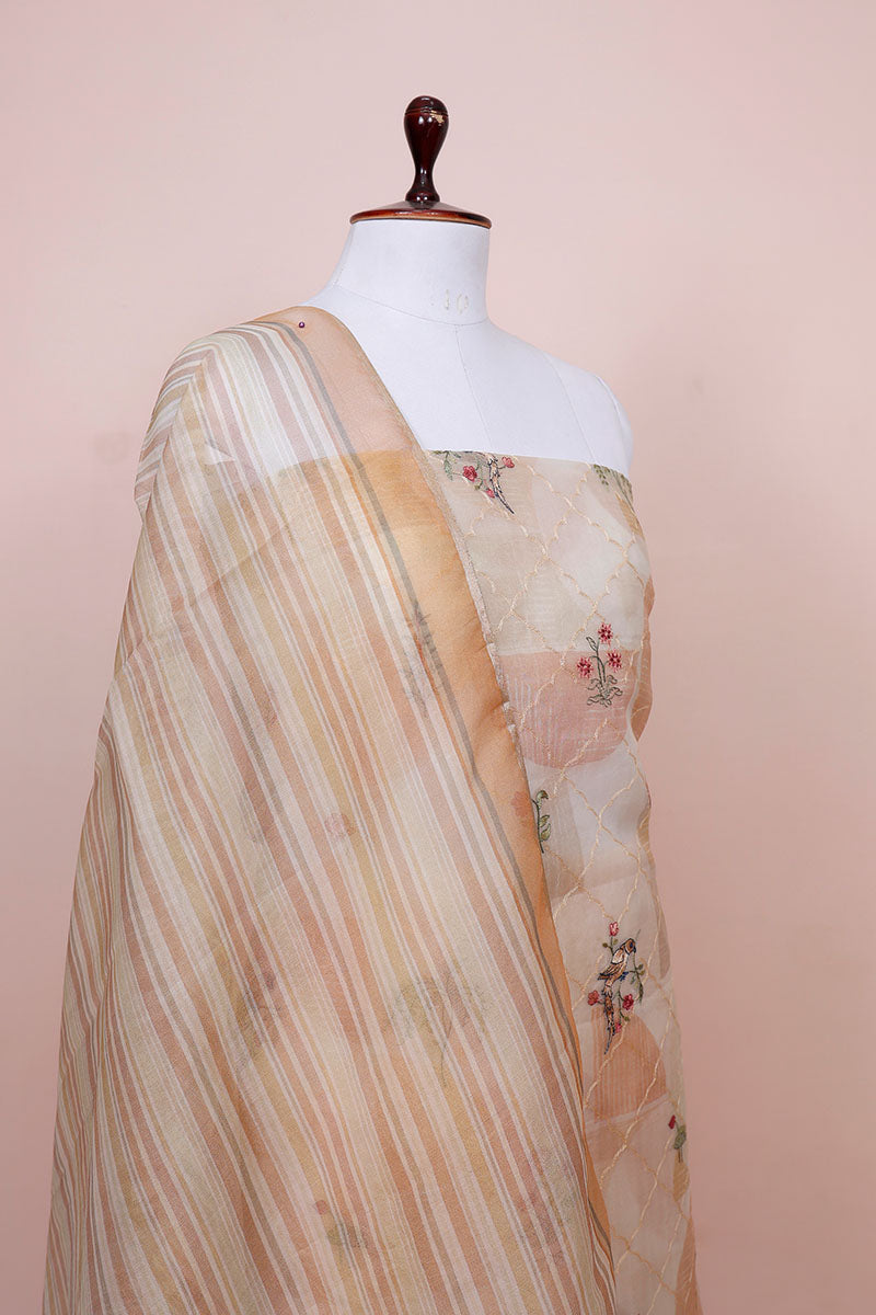 Caramel Brown Floral Embroidered Organza Silk Dress Material