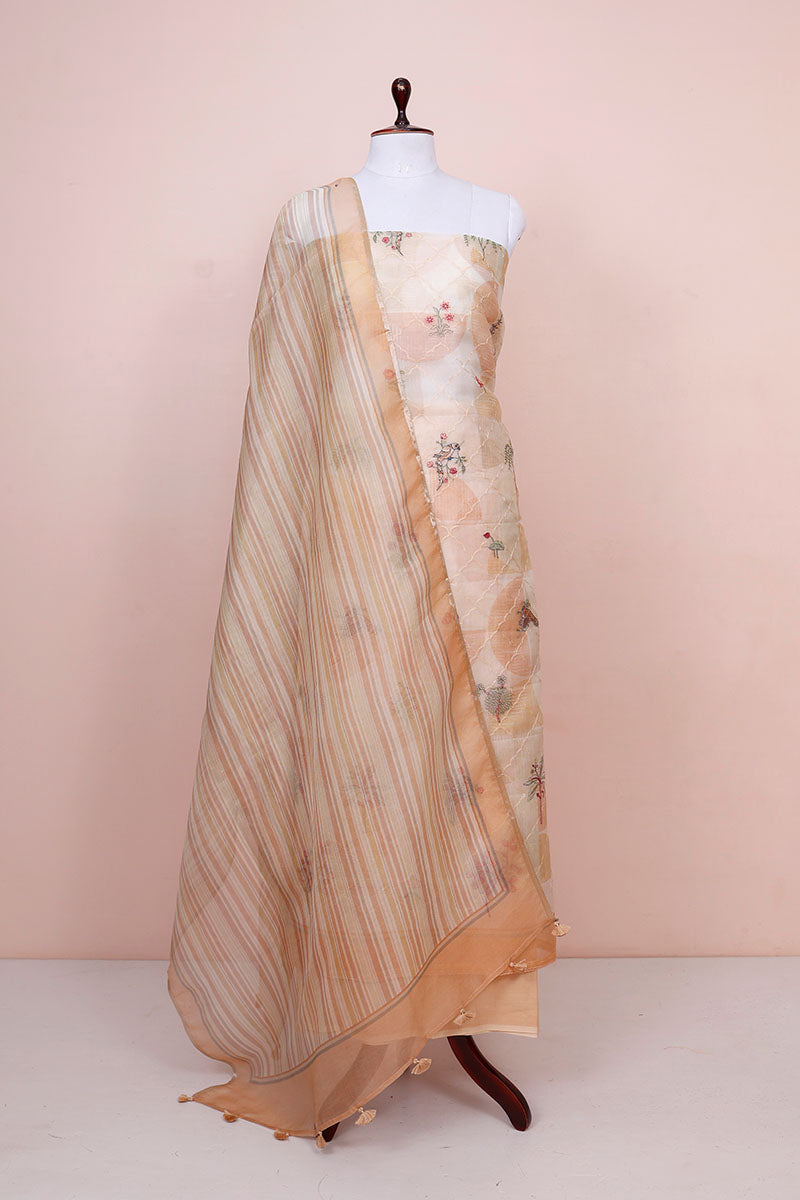 Caramel Brown Floral Embroidered Organza Silk Dress Material By Chinaya Banaras