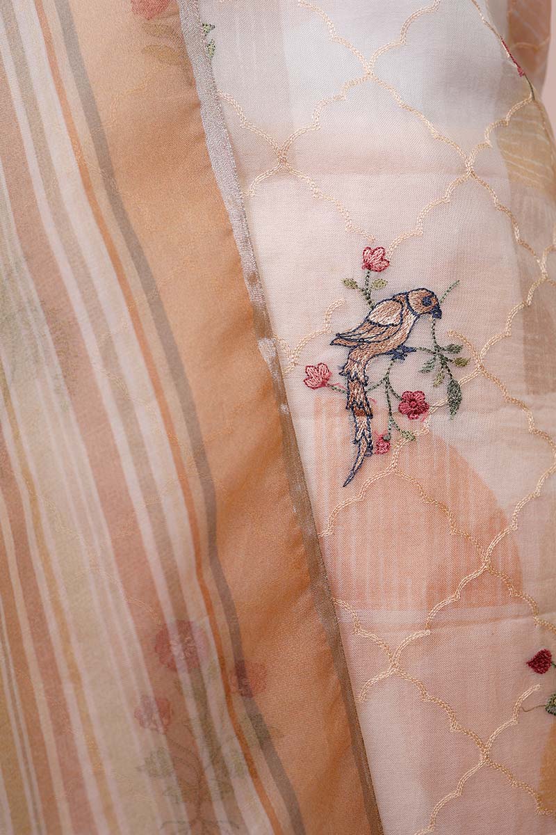 Caramel Brown Floral Embroidered Organza Silk Dress Material