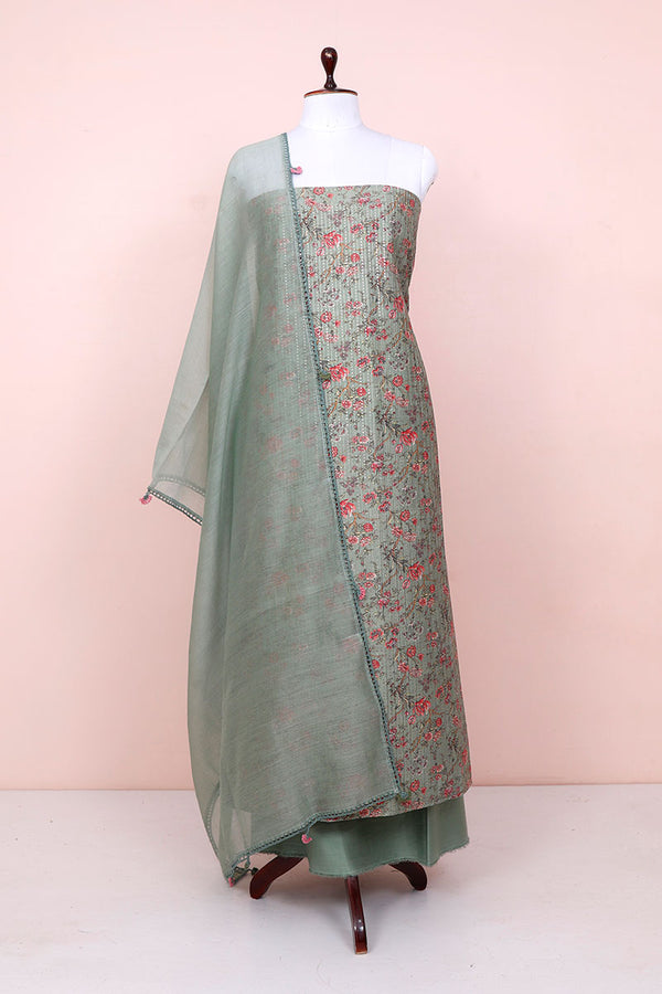 Sage Green Embellished Chanderi Silk Dress Material By Chinaya Banaras