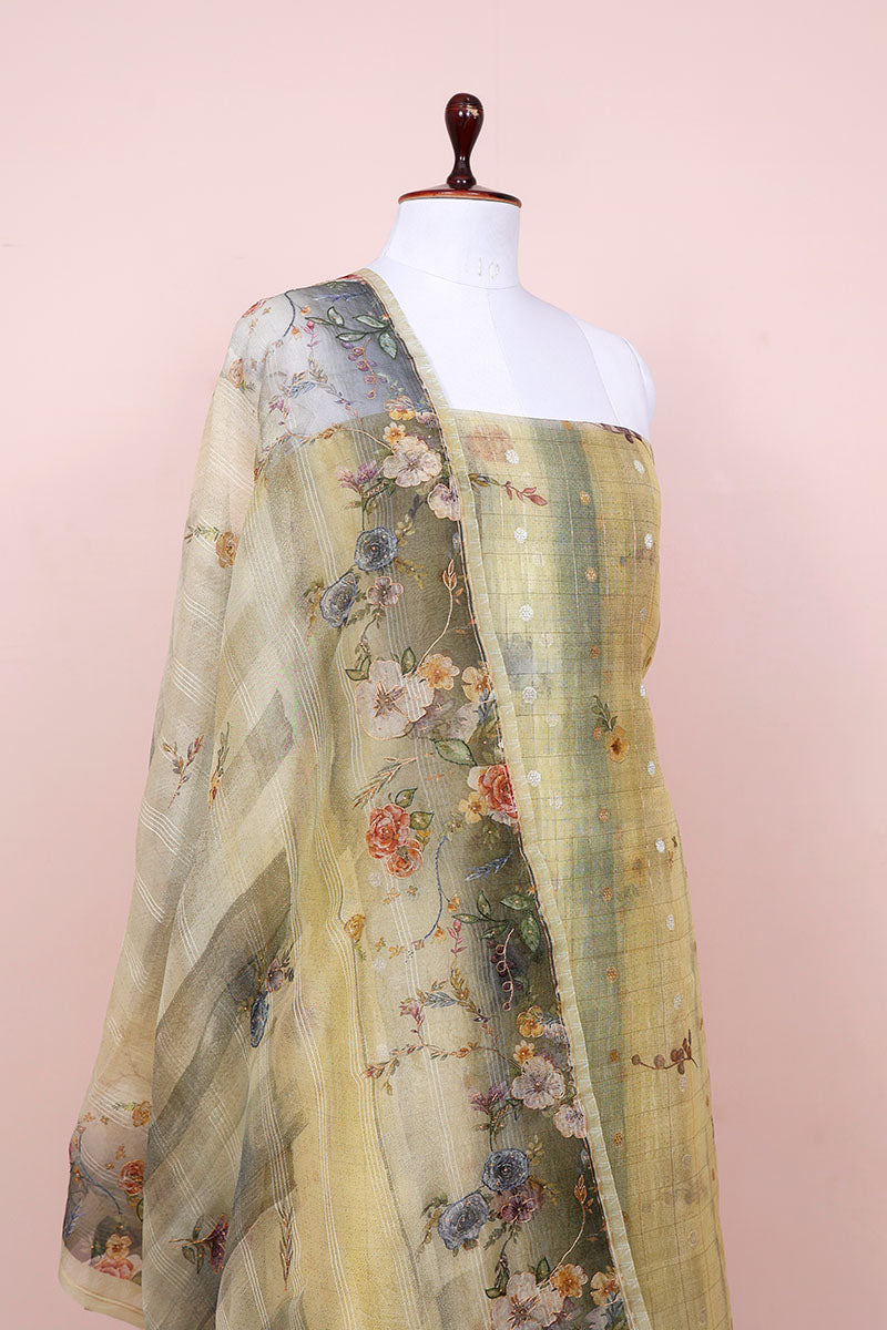Lime Yellow Floral Printed Organza Silk Dress Material - Chinaya Banaras