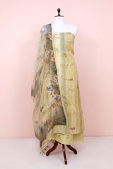Lime Yellow Floral Printed Organza Silk Dress Material By Chinaya Banaras
