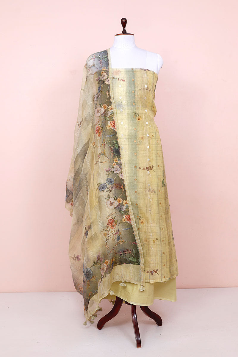 Lime Yellow Floral Printed Organza Silk Dress Material