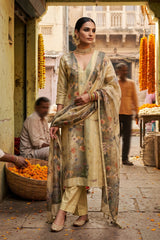 Lime Yellow Floral Printed Organza Silk Dress Material