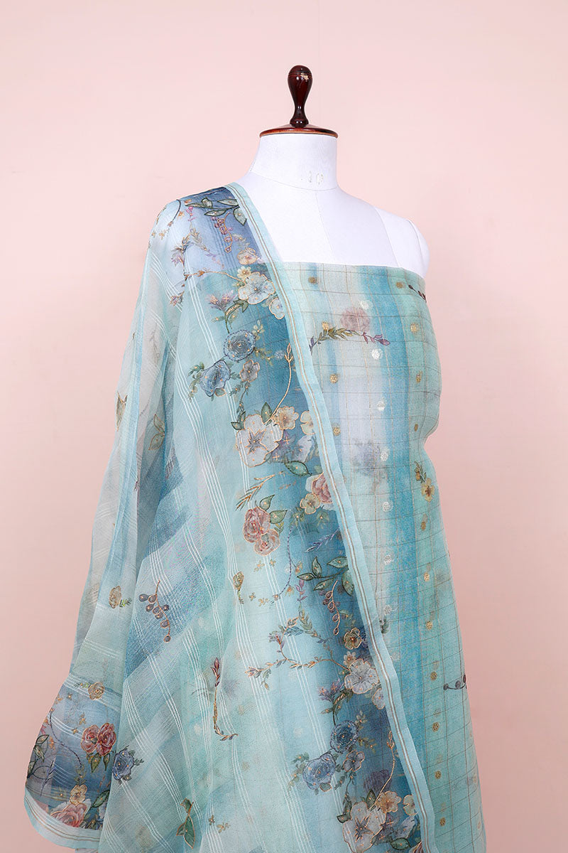 Aqua Blue Floral Printed Organza Silk Dress Material - Chinaya Banaras