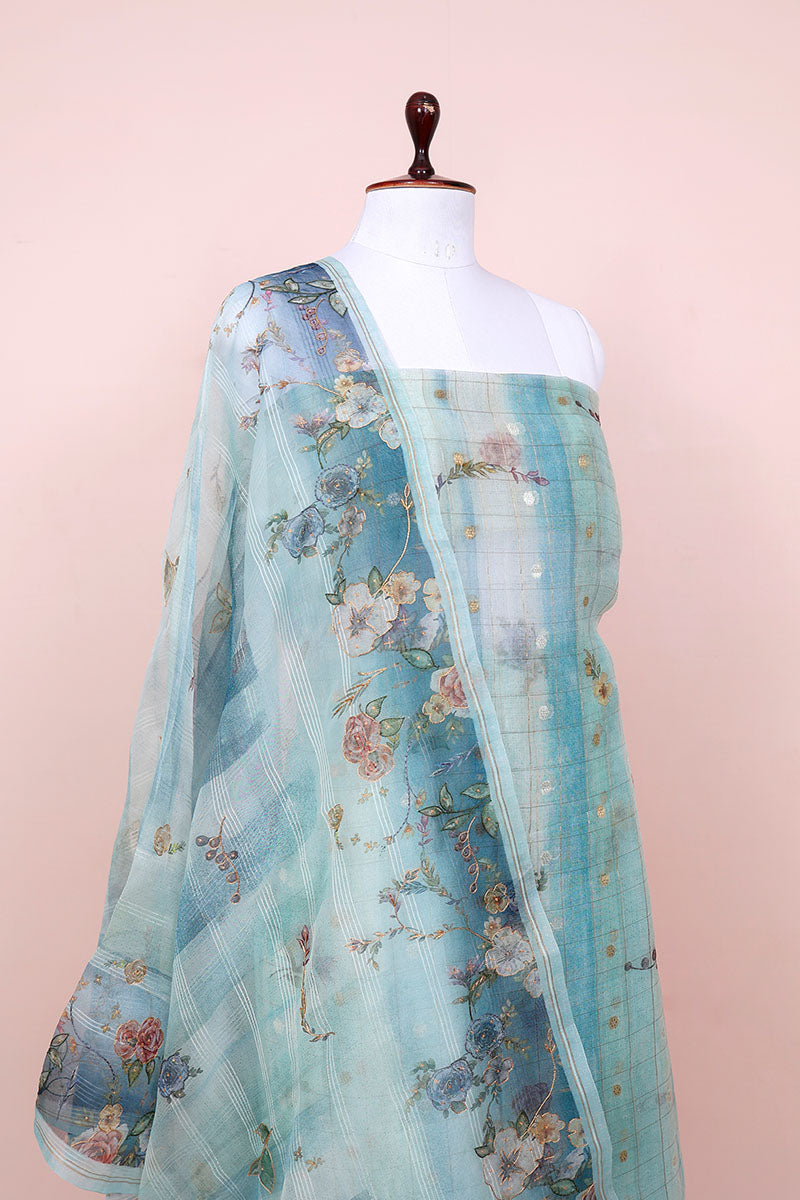 Aqua Blue Floral Printed Organza Silk Dress Material - Chinaya Banaras